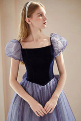 Purple Velvet Tulle Long Prom Dresses, Cute A-Line Evening Dresses