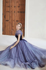 Purple Velvet Tulle Long Prom Dresses, Cute A-Line Evening Dresses