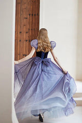 Purple Velvet Tulle Long Prom Dresses, Cute A-Line Evening Dresses