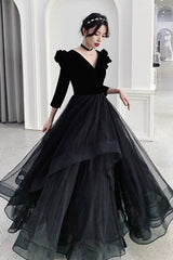 Black A-Line Long Sleeve Prom Dress, Black V-Neck Evening Dress
