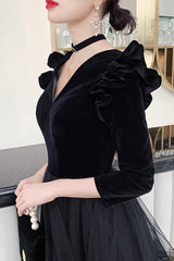 Black A-Line Long Sleeve Prom Dress, Black V-Neck Evening Dress