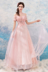 Pink Lace Long A-Line Prom Dresses, Lovely Pink Evening Dresses
