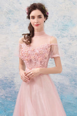 Pink Lace Long A-Line Prom Dresses, Lovely Pink Evening Dresses