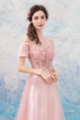 Pink Lace Long A-Line Prom Dresses, Lovely Pink Evening Dresses
