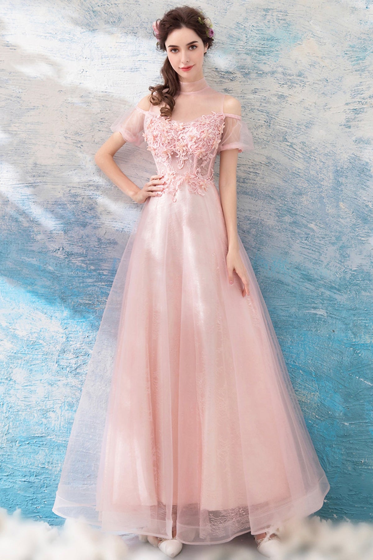 Pink Lace Long A-Line Prom Dresses, Lovely Pink Evening Dresses