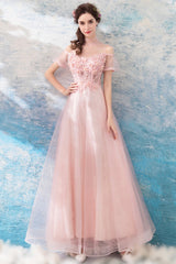 Pink Lace Long A-Line Prom Dresses, Lovely Pink Evening Dresses