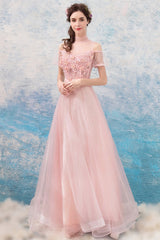 Pink Lace Long A-Line Prom Dresses, Lovely Pink Evening Dresses