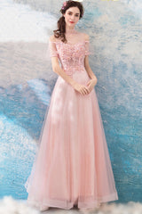 Pink Lace Long A-Line Prom Dresses, Lovely Pink Evening Dresses