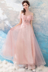 Pink Lace Long A-Line Prom Dresses, Lovely Pink Evening Dresses