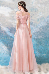 Pink Lace Long A-Line Prom Dresses, Lovely Pink Evening Dresses