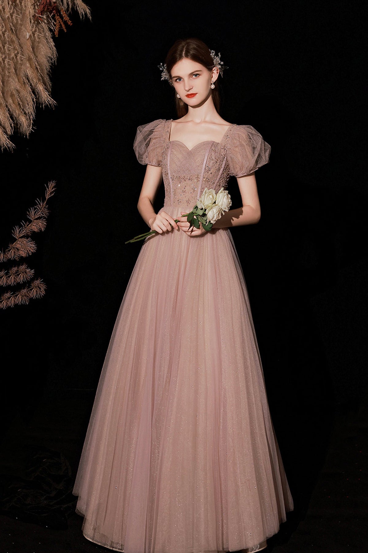 A-Line Tulle Beaded Long Prom Dress, Short Sleeve Evening Dress