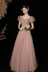 A-Line Tulle Beaded Long Prom Dress, Short Sleeve Evening Dress