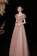 A-Line Tulle Beaded Long Prom Dress, Short Sleeve Evening Dress