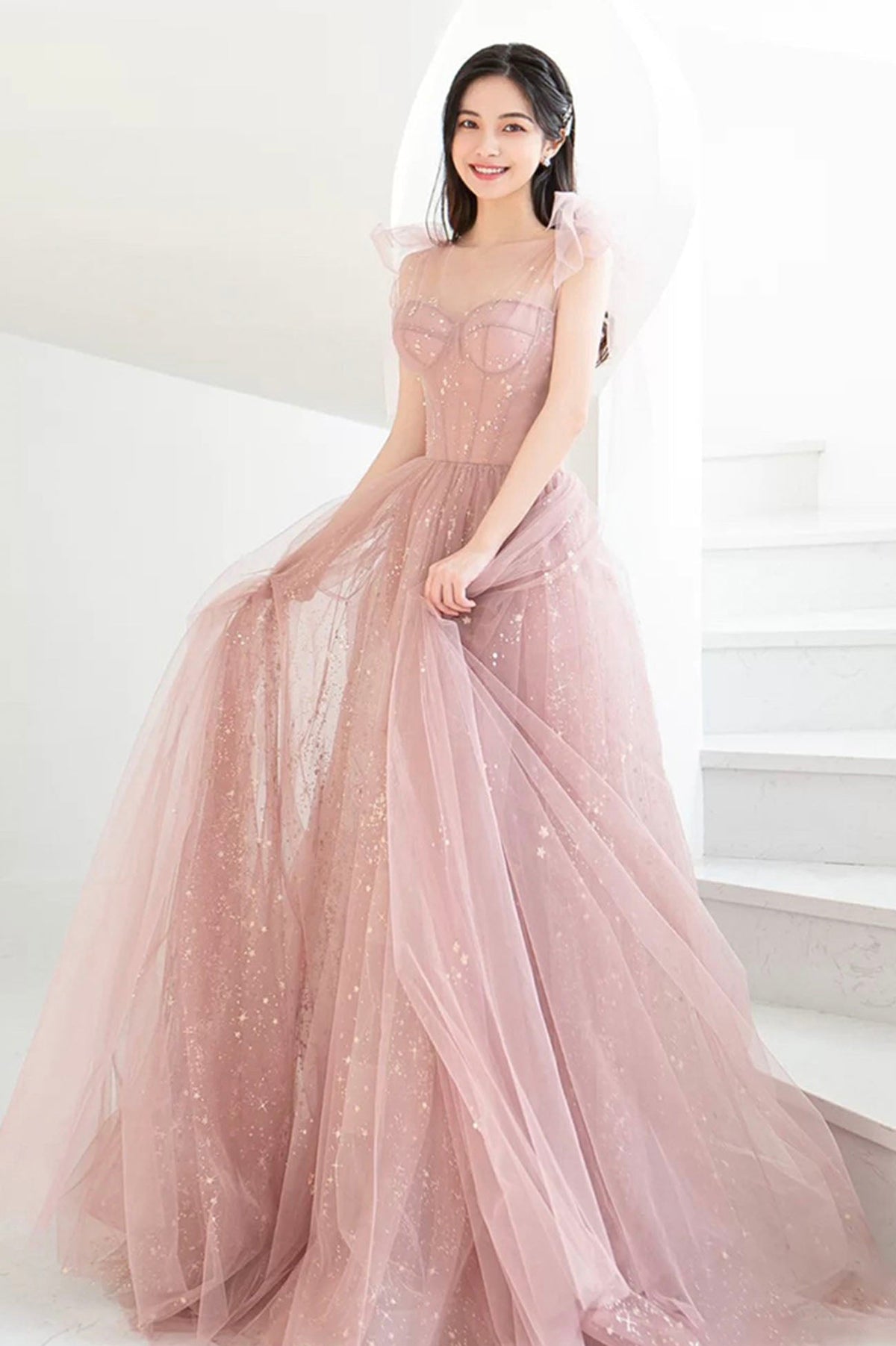 Pink Tulle Long A-Line Prom Dresses, Pink Evening Dresses