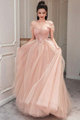 Pink Tulle Long A-Line Prom Dress, Cute Off the Shoulder Graduation Dress