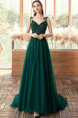 Green V-Neck Lace Long Prom Dresses, A-Line Evening Dresses