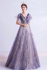 Purple V-Neck Tulle Sequins Long Prom Dresses, A-Line Evening Dresses