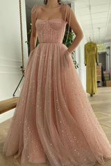 Pink Spaghetti Strap Long Prom Dresses, A-Line Evening Party Dresses
