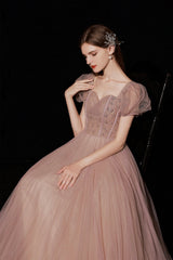 A-Line Tulle Beaded Long Prom Dress, Short Sleeve Evening Dress