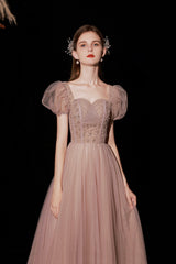 A-Line Tulle Beaded Long Prom Dress, Short Sleeve Evening Dress