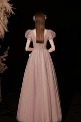 A-Line Tulle Beaded Long Prom Dress, Short Sleeve Evening Dress