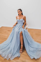 Blue Strapless Lace Long Prom Dress, Lovely A-Line Evening Dress with Slit