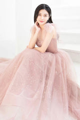 Pink Tulle Long A-Line Prom Dresses, Pink Evening Dresses