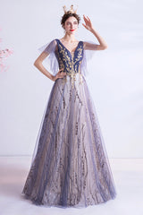 Purple V-Neck Tulle Sequins Long Prom Dresses, A-Line Evening Dresses