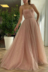 Pink Spaghetti Strap Long Prom Dresses, A-Line Evening Party Dresses