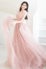 Pink Tulle Long A-Line Prom Dresses, Pink Evening Dresses