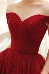 Burgundy Tulle Long Prom Dress, A-Line Off the Shoulder Evening Dress