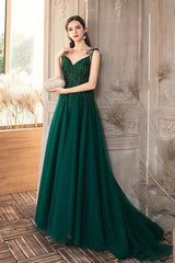 Green V-Neck Lace Long Prom Dresses, A-Line Evening Dresses