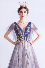 Purple V-Neck Tulle Sequins Long Prom Dresses, A-Line Evening Dresses