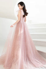 Pink Tulle Long A-Line Prom Dresses, Pink Evening Dresses