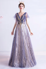 Purple V-Neck Tulle Sequins Long Prom Dresses, A-Line Evening Dresses