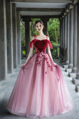A-Line Velvet Tulle Long Prom Dress, Lovely Lace Off the Shoulder Evening Dress