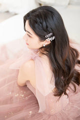 Pink Tulle Long A-Line Prom Dresses, Pink Evening Dresses