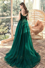 Green V-Neck Lace Long Prom Dresses, A-Line Evening Dresses