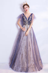 Purple V-Neck Tulle Sequins Long Prom Dresses, A-Line Evening Dresses