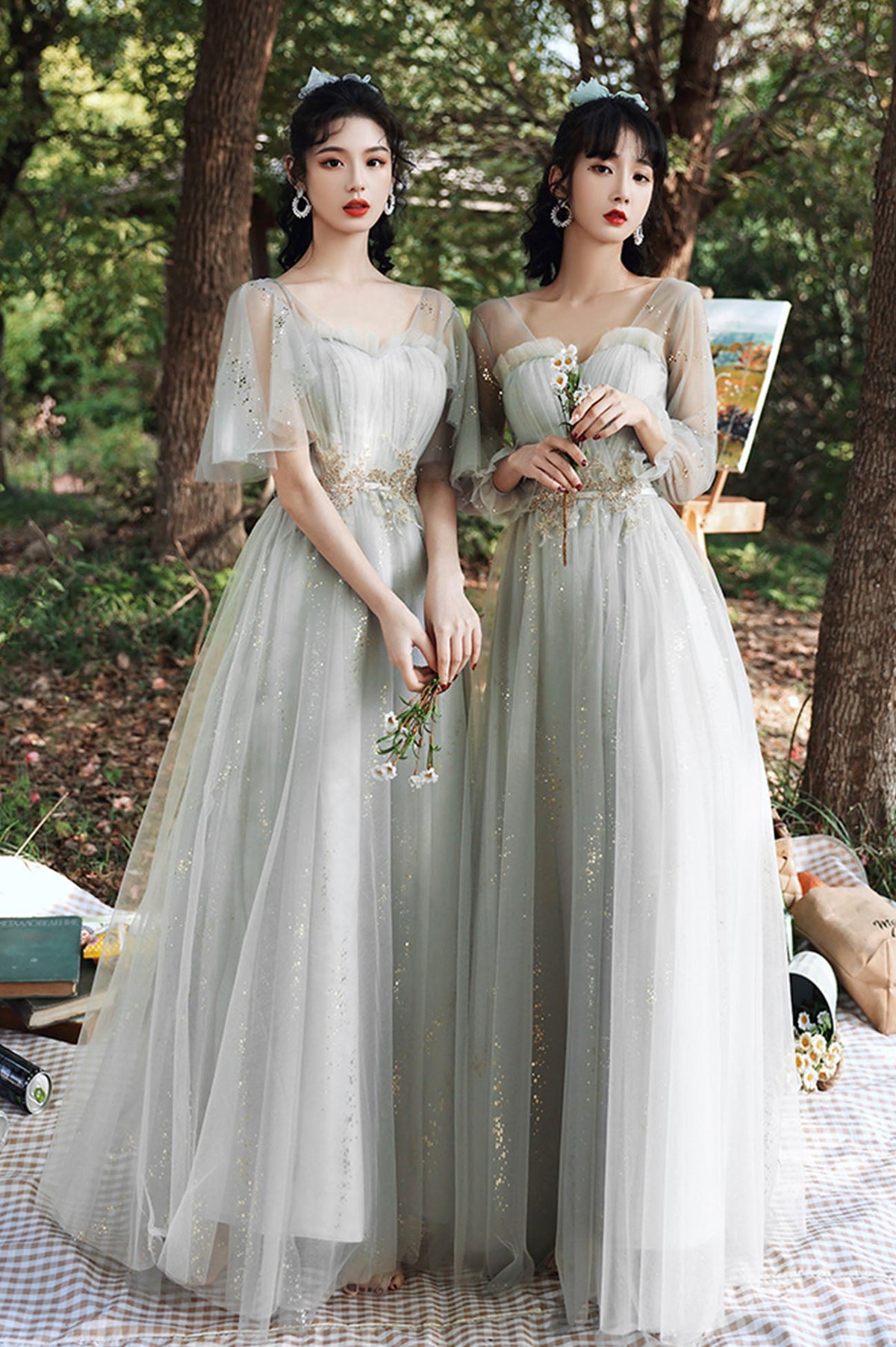 Gray Tulle Lace Long A-Line Prom Dresses, Gray Tulle Bridesmaid Dresses