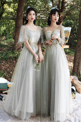 Gray Tulle Lace Long A-Line Prom Dresses, Gray Tulle Bridesmaid Dresses