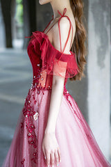 A-Line Velvet Tulle Long Prom Dress, Lovely Lace Off the Shoulder Evening Dress