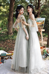 Gray Tulle Lace Long A-Line Prom Dresses, Gray Tulle Bridesmaid Dresses