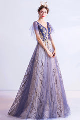 Purple V-Neck Tulle Sequins Long Prom Dresses, A-Line Evening Dresses