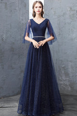 Blue V-Neck Tulle Long Prom Dresses, A-Line Evening Dresses