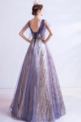 Purple V-Neck Tulle Sequins Long Prom Dresses, A-Line Evening Dresses