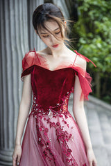 A-Line Velvet Tulle Long Prom Dress, Lovely Lace Off the Shoulder Evening Dress