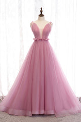 Pink Tulle Long Prom Dresses, A-Line Evening Party Dresses
