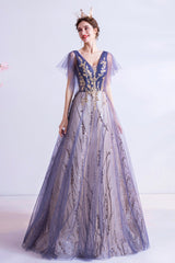 Purple V-Neck Tulle Sequins Long Prom Dresses, A-Line Evening Dresses