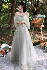 Gray Tulle Lace Long A-Line Prom Dresses, Gray Tulle Bridesmaid Dresses